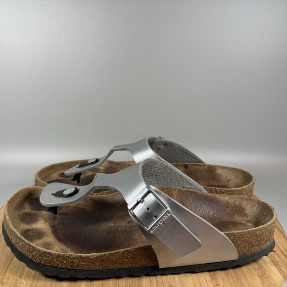 Birkenstock Womens Gizeh Sz 41 US 10 Birko-Flor Silver Leather‎ Sandals - Picture 4 of 7